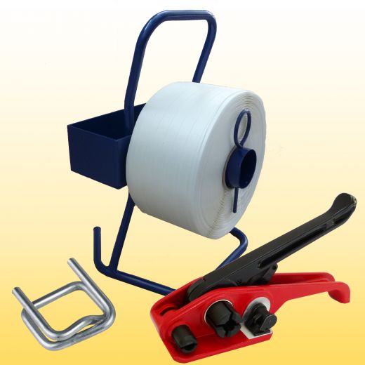 Umreifungsset: 1 gewebtes Textil Umreifungsband 19 mm + 1 Bandspanner, 150 Klemmen, 1 Abrollger�t